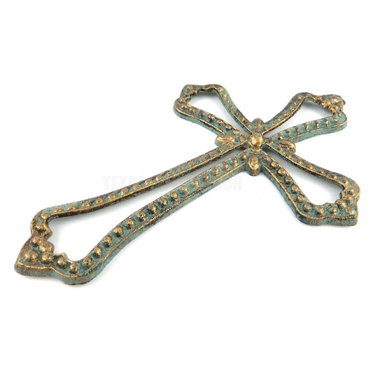Beaded Wall Cross Outline Flower Cast Iron Verdigris Green Gold Rustic Finish