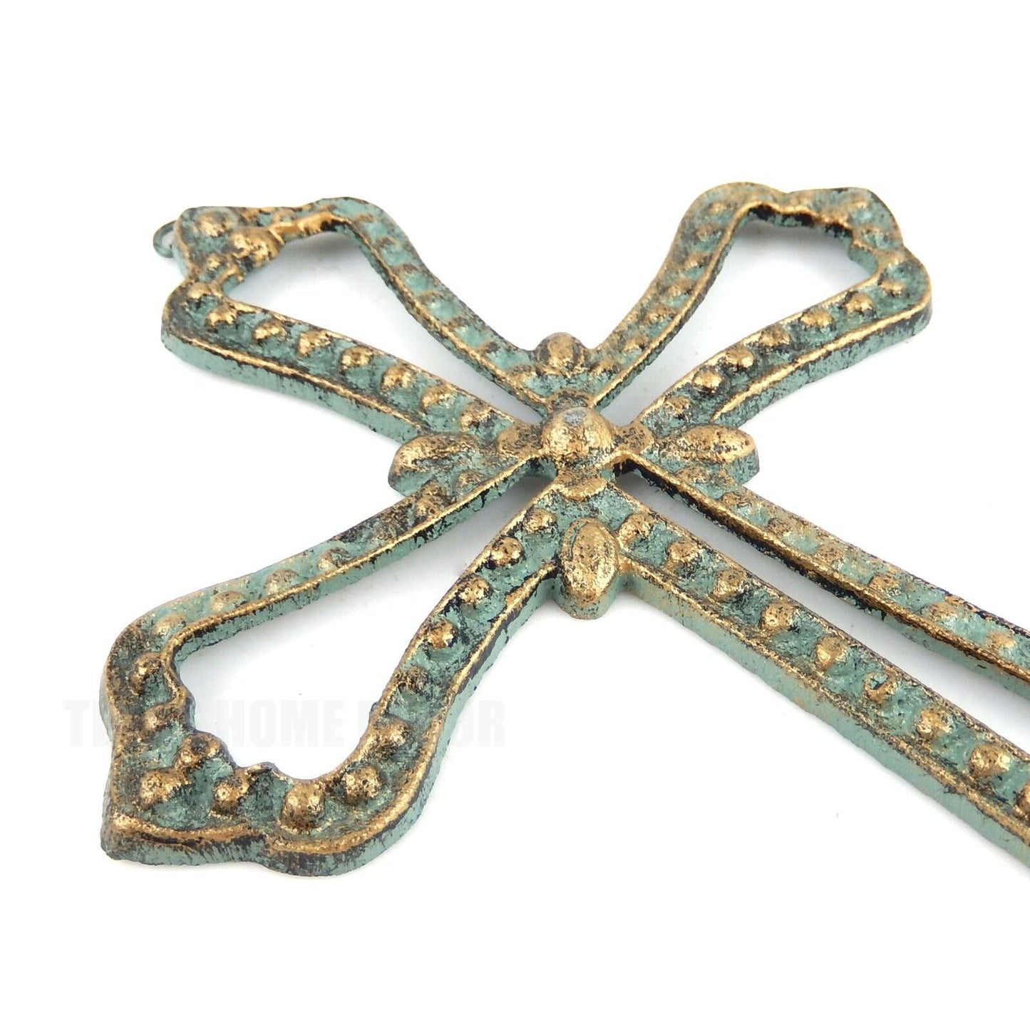 Beaded Wall Cross Outline Flower Cast Iron Verdigris Green Gold Rustic Finish