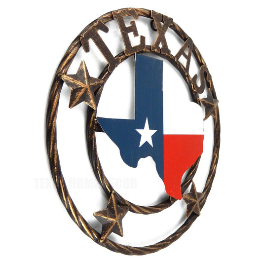 Metal Texas Map Flag Wall Star With Stars Ring Brushed Copper Finish 12 inch