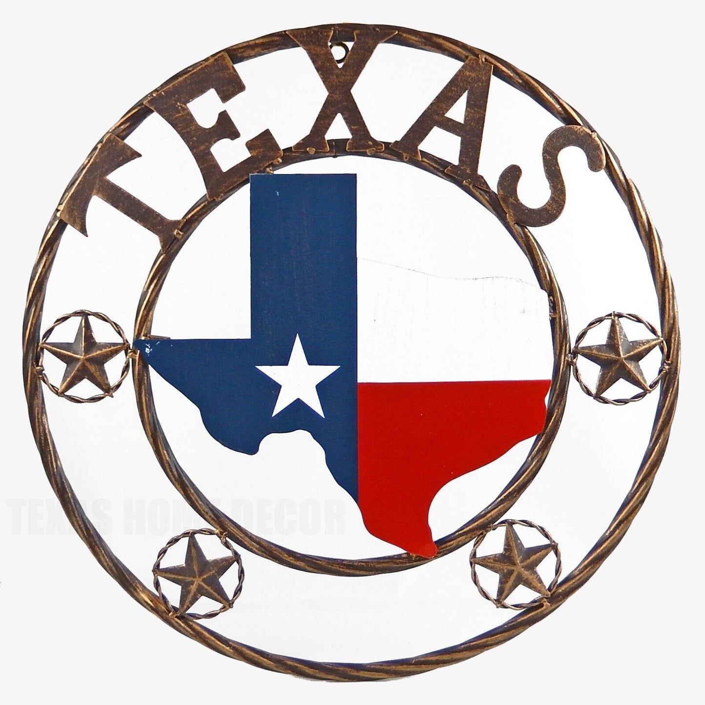 Metal Texas Map Flag With Stars Rings Wall Decor Brushed Copper Finish 18 inch