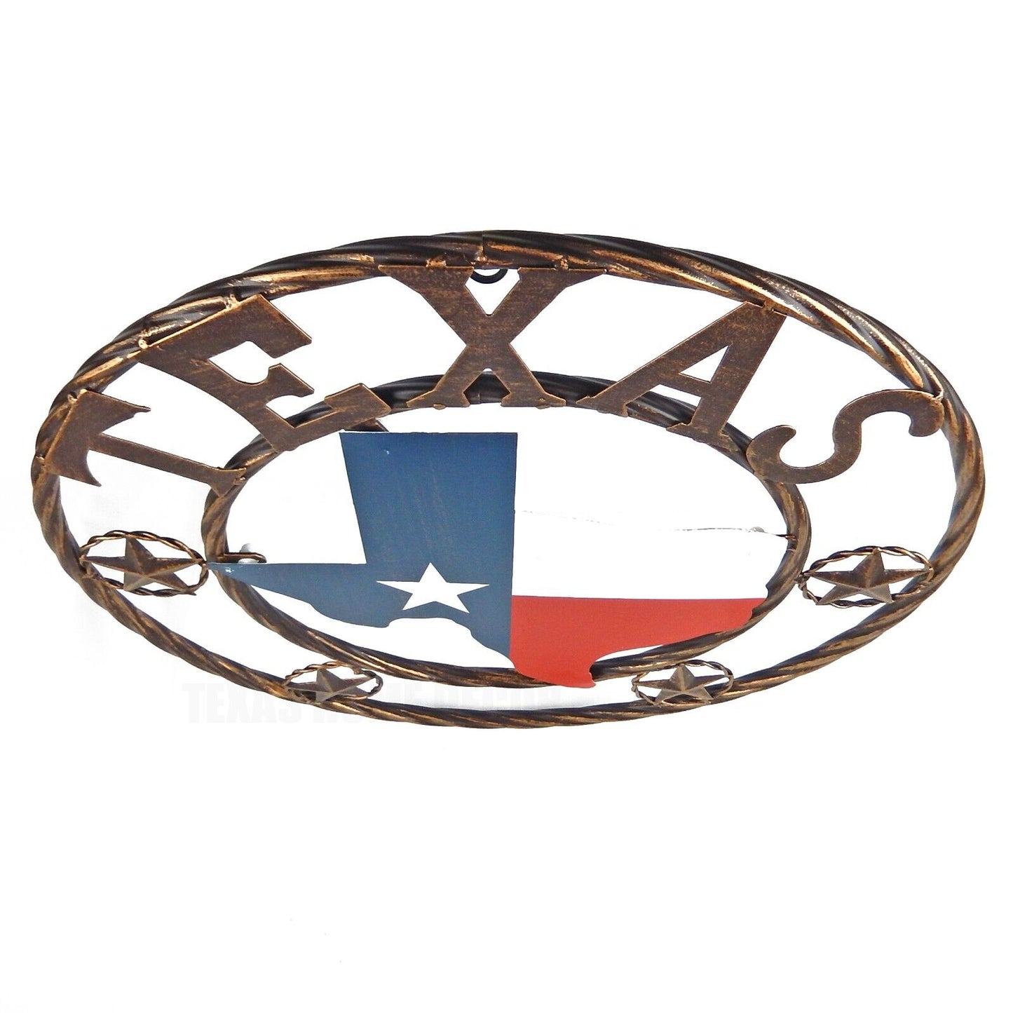 Metal Texas Map Flag With Stars Rings Wall Decor Brushed Copper Finish 18 inch