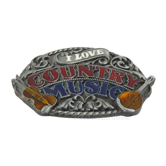 I Love Country Music Belt Buckle Floral Antique Silver Enamel Fits 1.5" Belts