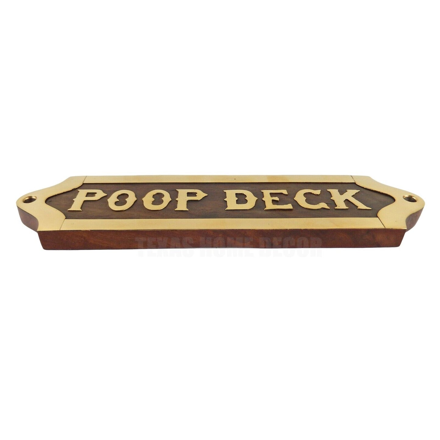 Wooden Poop Deck Wall Plaque Sign Brass Plated Outline Ship Nautical Decor 8 in