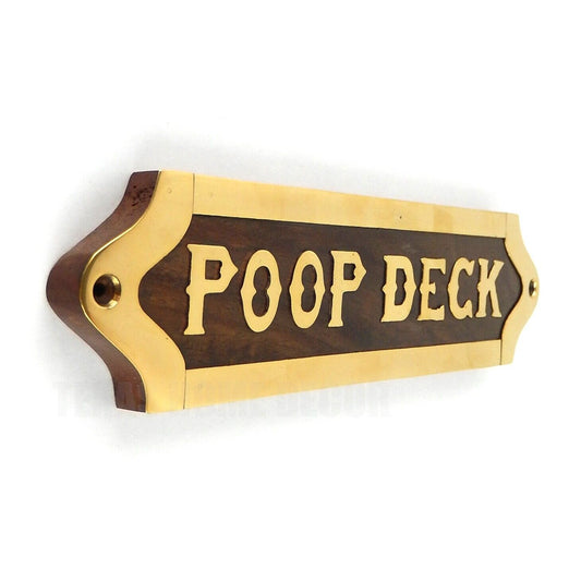Wooden Poop Deck Wall Plaque Sign Brass Plated Outline Ship Nautical Decor 8 in