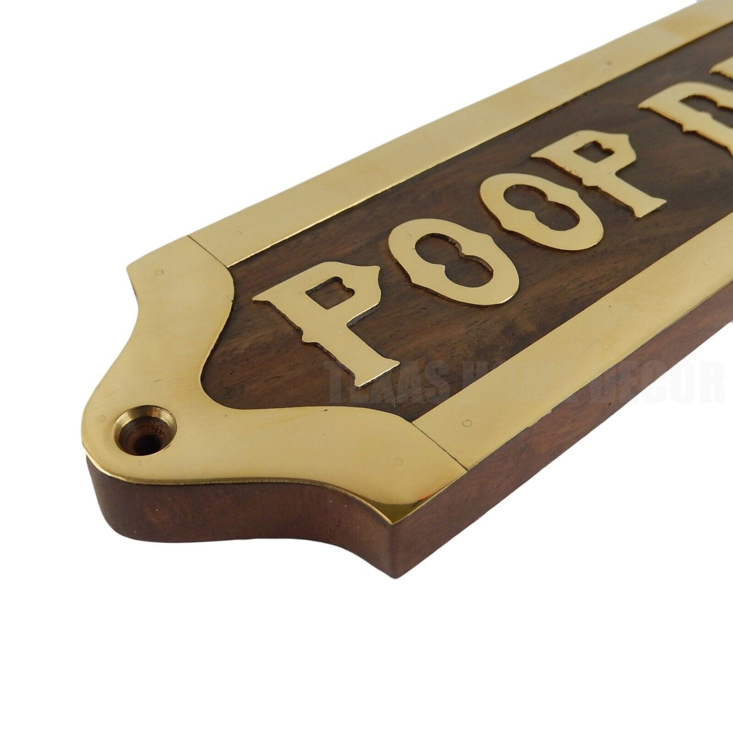 Wooden Poop Deck Wall Plaque Sign Brass Plated Outline Ship Nautical Decor 8 in