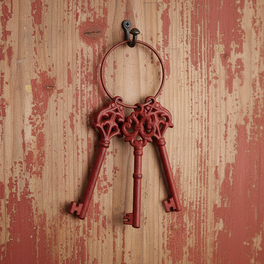 Cast Iron Set of 3 Jailer's Church Skeleton Keys on Ring Victorian Antiqued 11"
