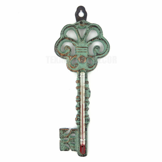 Skeleton Key Shaped Thermometer Wall Mounted Cast Iron Verdigris Antique Finish