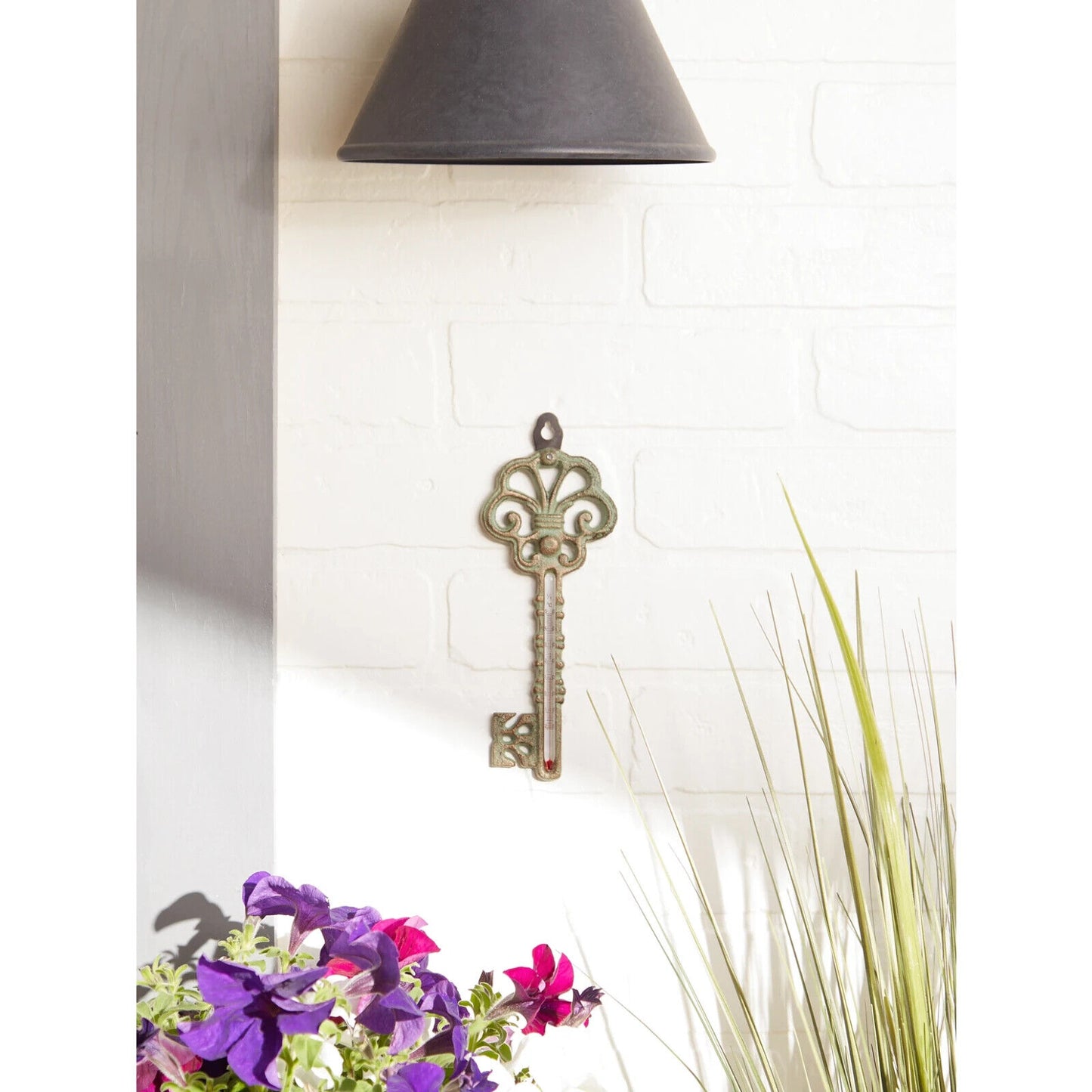 Skeleton Key Shaped Thermometer Wall Mounted Cast Iron Verdigris Antique Finish