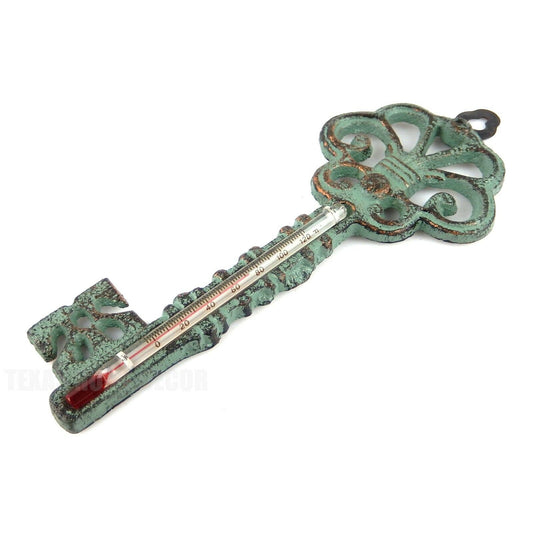Skeleton Key Shaped Thermometer Wall Mounted Cast Iron Verdigris Antique Finish