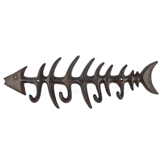 Large Cast Iron Fish Skeleton Bones Wall Hook Rack Key Towel Coat Hanger Brown