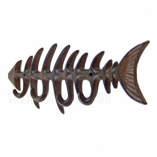 Large Cast Iron Fish Skeleton Bones Wall Hook Rack Key Towel Coat Hanger Brown