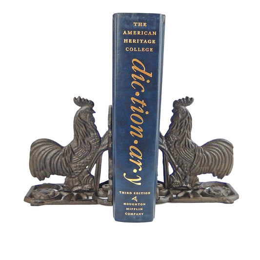 Cast Iron Rooster Bookends Set Floral Accents Western Antique Style (Pack of 2)