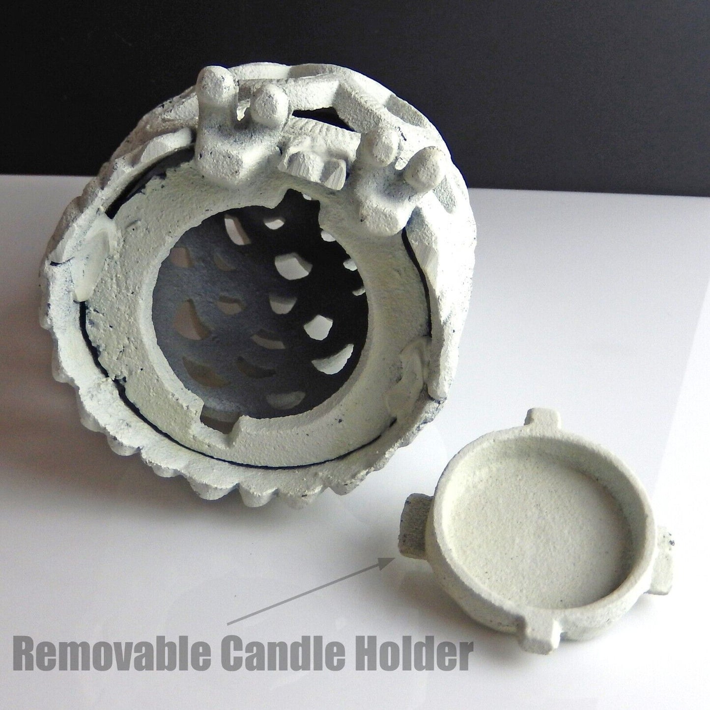 Cast Iron Owl Lantern Candle Holder with Handle Antique White Heavy Duty 7.5"