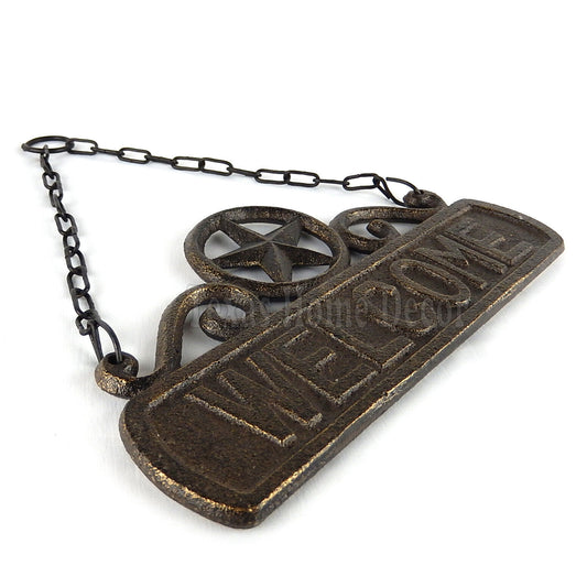 Star Welcome Sign Plaque Scrolls Cast Iron Wall Hanging with Chain Brown Gold