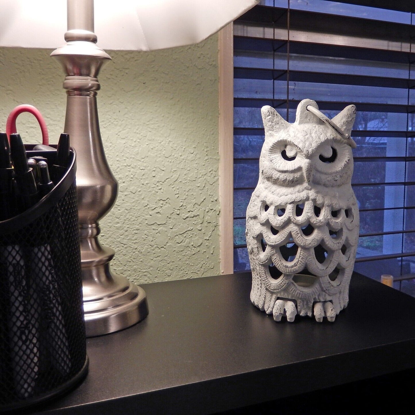 Cast Iron Owl Lantern Candle Holder with Handle Antique White Heavy Duty 7.5"
