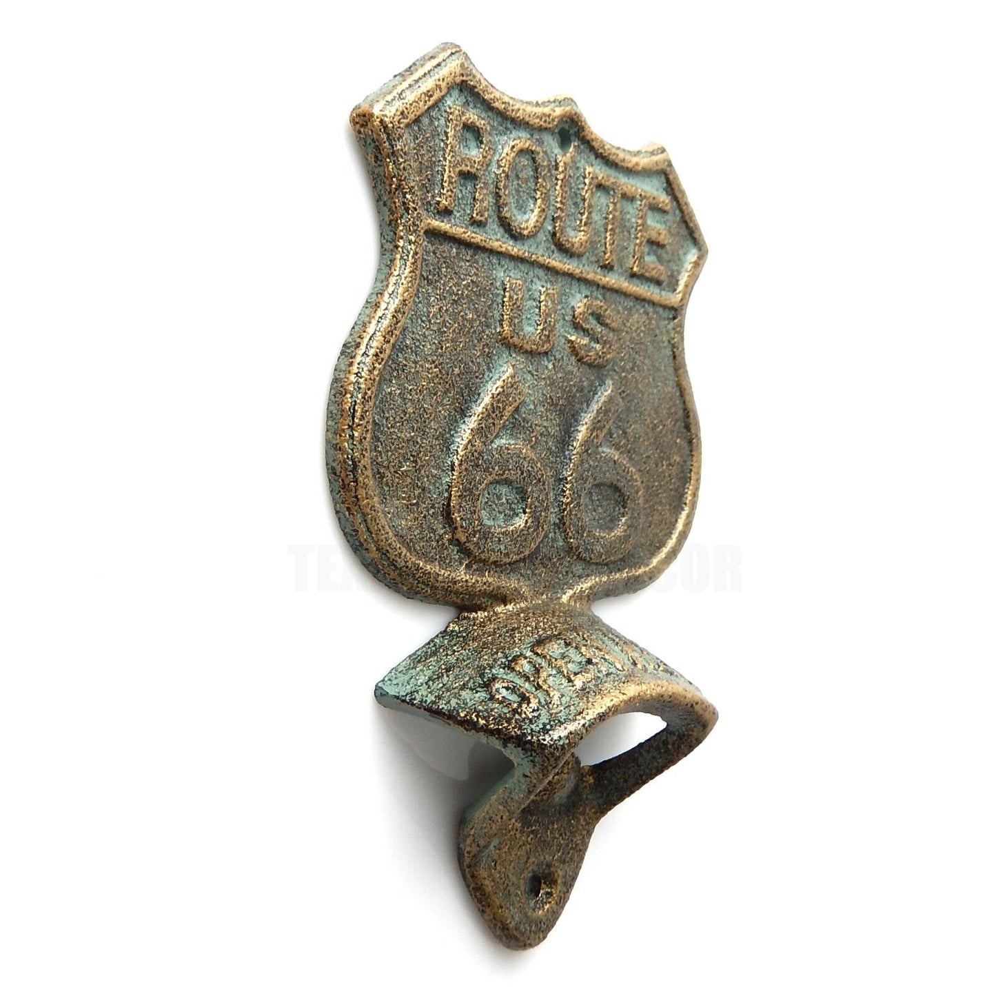Cast Iron US Route 66 Beer Bottle Opener Wall Mounted Rustic Verdigris Finish