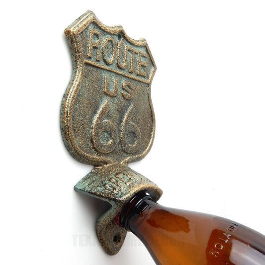 Cast Iron US Route 66 Beer Bottle Opener Wall Mounted Rustic Verdigris Finish