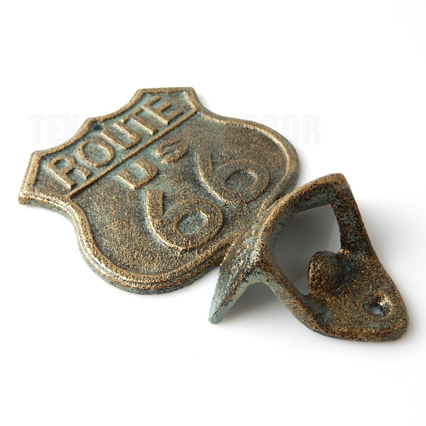Cast Iron US Route 66 Beer Bottle Opener Wall Mounted Rustic Verdigris Finish