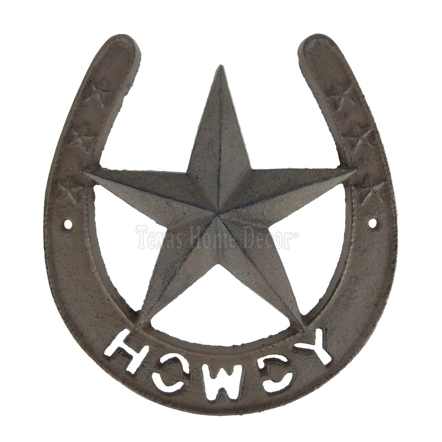 Large Howdy Lucky Horseshoe Star Cast Iron Rustic Brown Western 8 1/4" x 7 1/2"