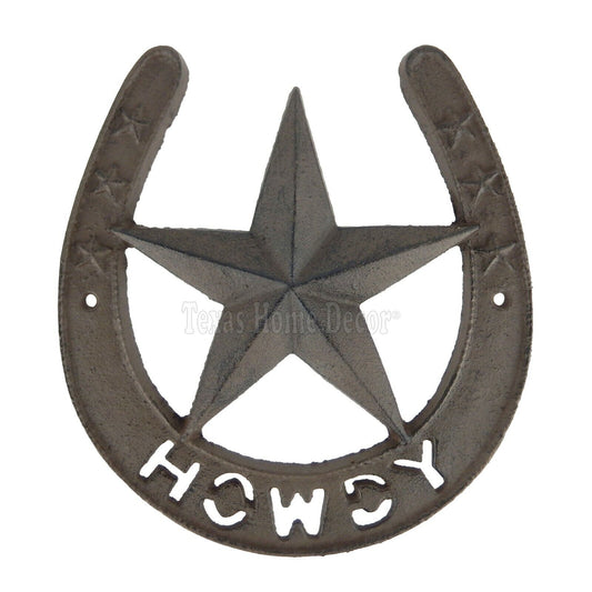 Large Howdy Lucky Horseshoe Star Cast Iron Rustic Brown Western 8 1/4" x 7 1/2"