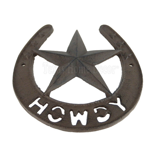Large Howdy Lucky Horseshoe Star Cast Iron Rustic Brown Western 8 1/4" x 7 1/2"
