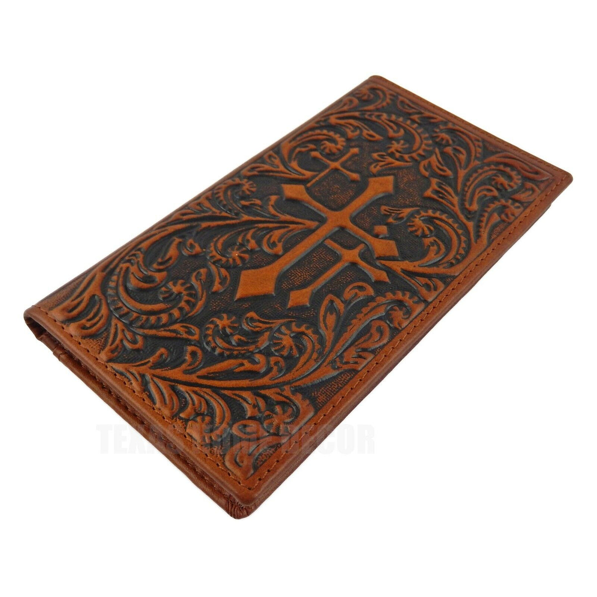 Western Men's Rodeo Wallet Bi-Fold Genuine Brown Leather Tooled Crosses Leaf