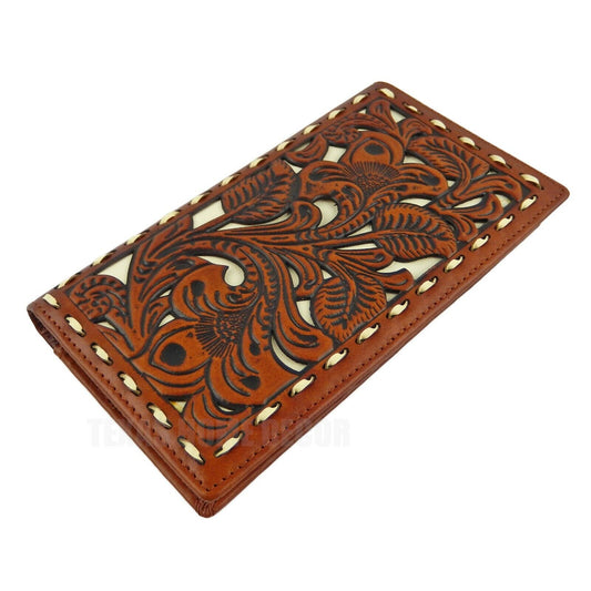 Western Rodeo Wallet Bi-Fold Genuine Brown Leather Tooled Leaf Thick Stitching