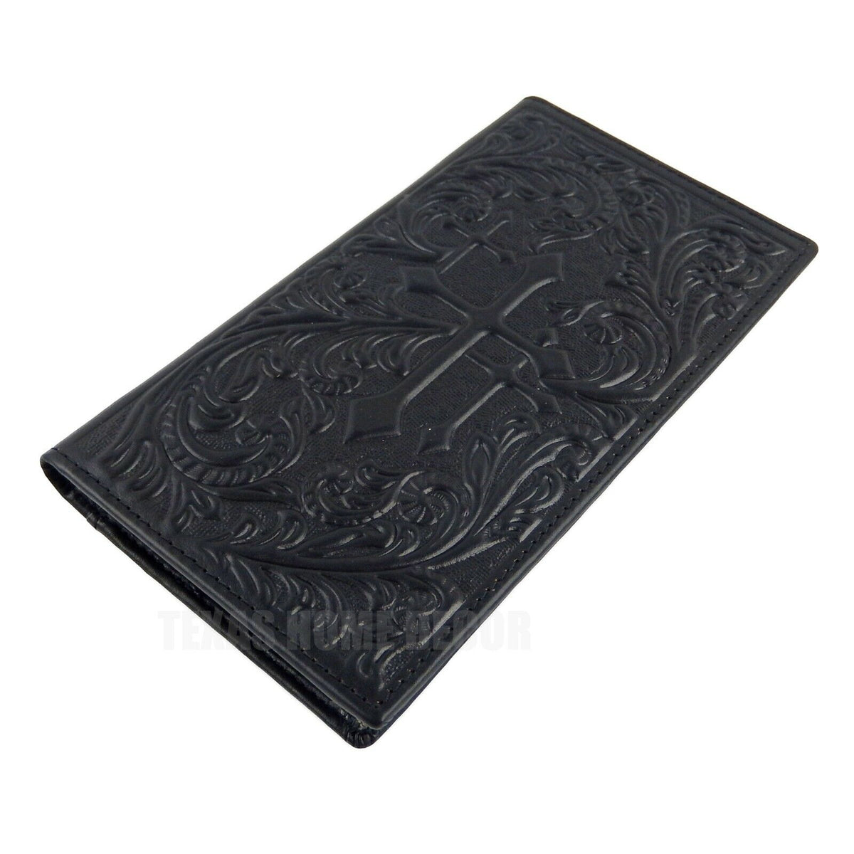 Western Men's Rodeo Wallet Bi-Fold Genuine Black Leather Tooled Crosses Leaf
