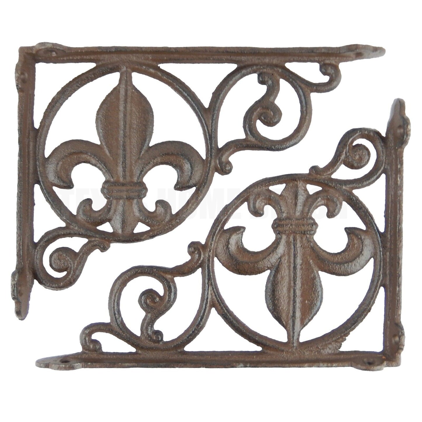 2 Fleur De Lis Shelf Brackets Cast Iron Braces Rustic Brown 9 x 6.5"