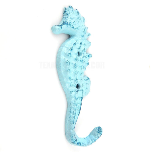 Cast Iron Seahorse Wall Hook Coat Towel Key Hanger Nautical Light and Dark Blue