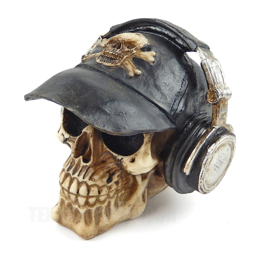 Human Skull With Headphones Baseball Cap Statue Figurine Gothic Music Room Decor