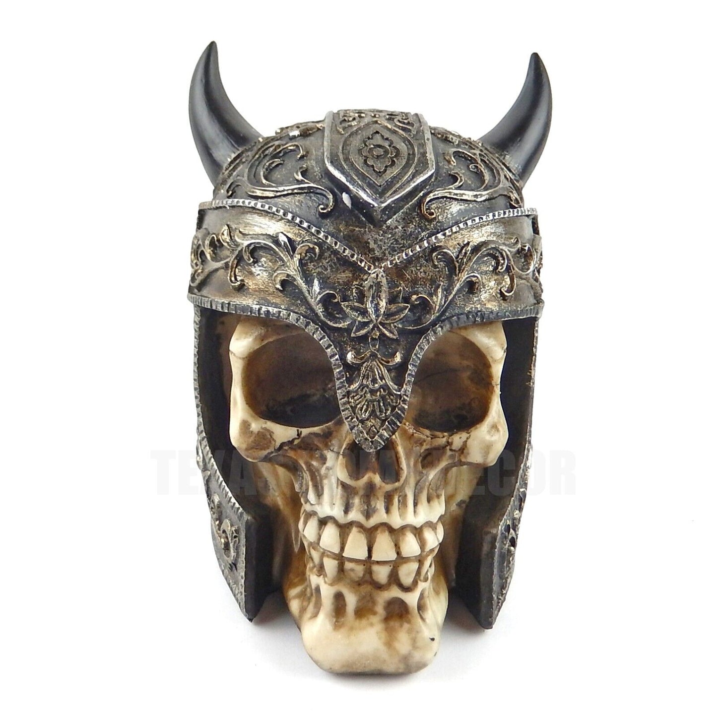 Viking Warrior Helmet With Horns Human Skull Figurine Statue Skeleton Medieval