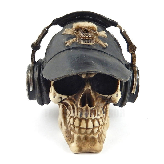Human Skull With Headphones Baseball Cap Statue Figurine Gothic Music Room Decor