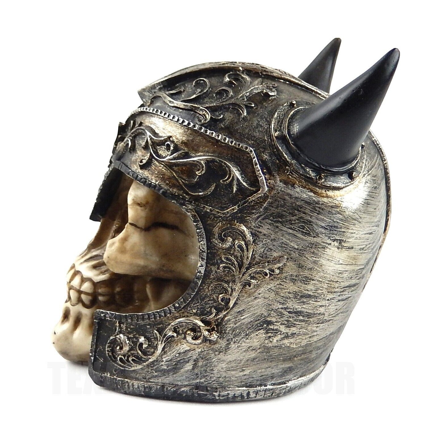 Viking Warrior Helmet With Horns Human Skull Figurine Statue Skeleton Medieval