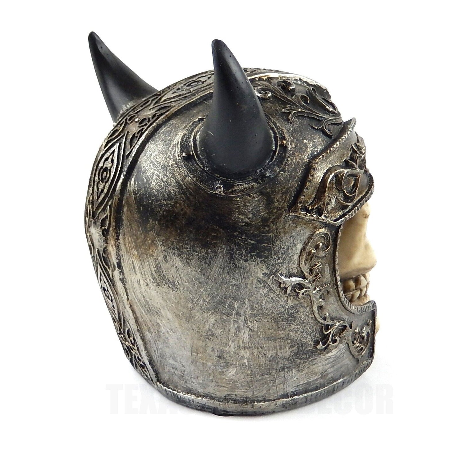 Viking Warrior Helmet With Horns Human Skull Figurine Statue Skeleton Medieval