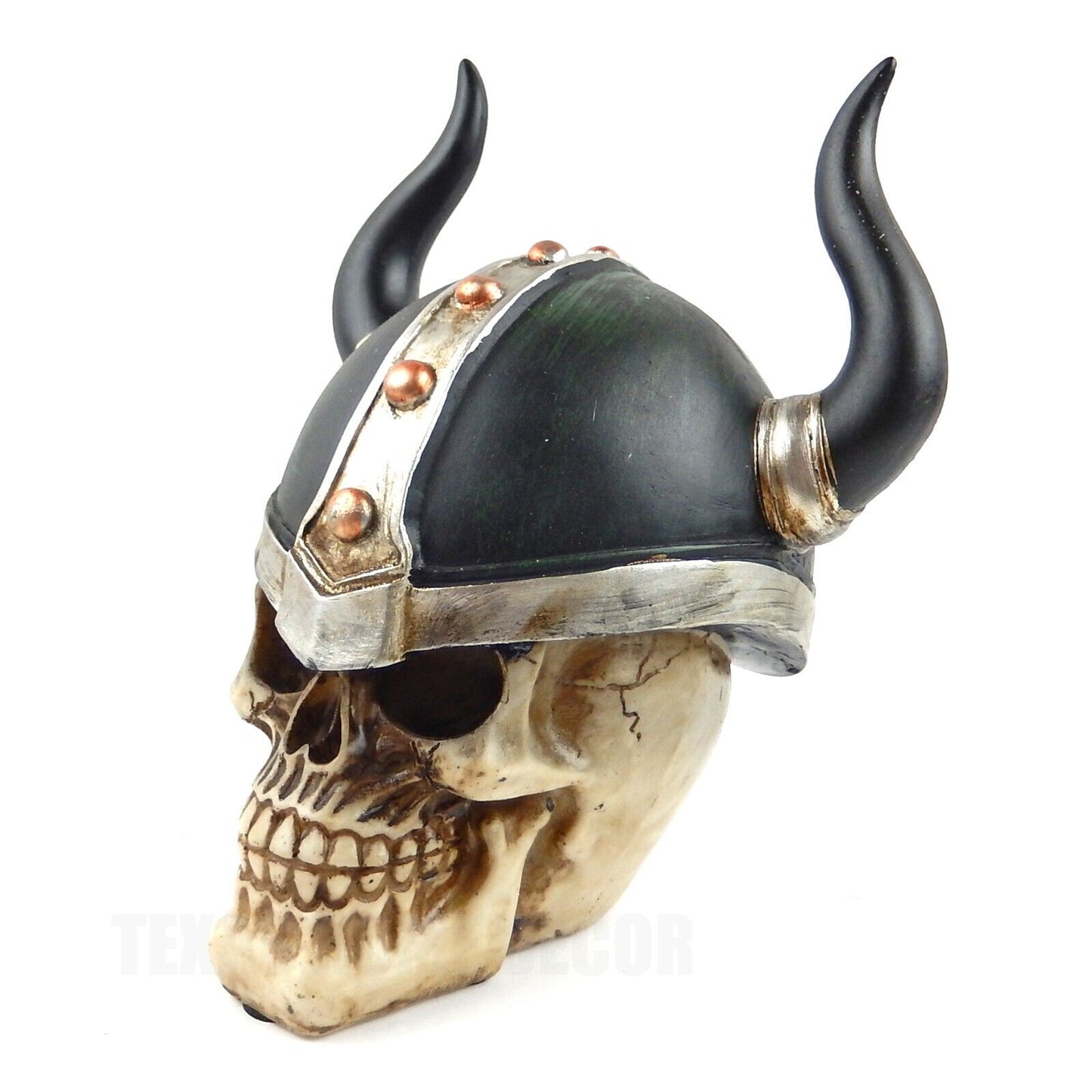 Viking Warrior Helmet Horns Human Skull Figurine Statue Skeleton Medieval Decor