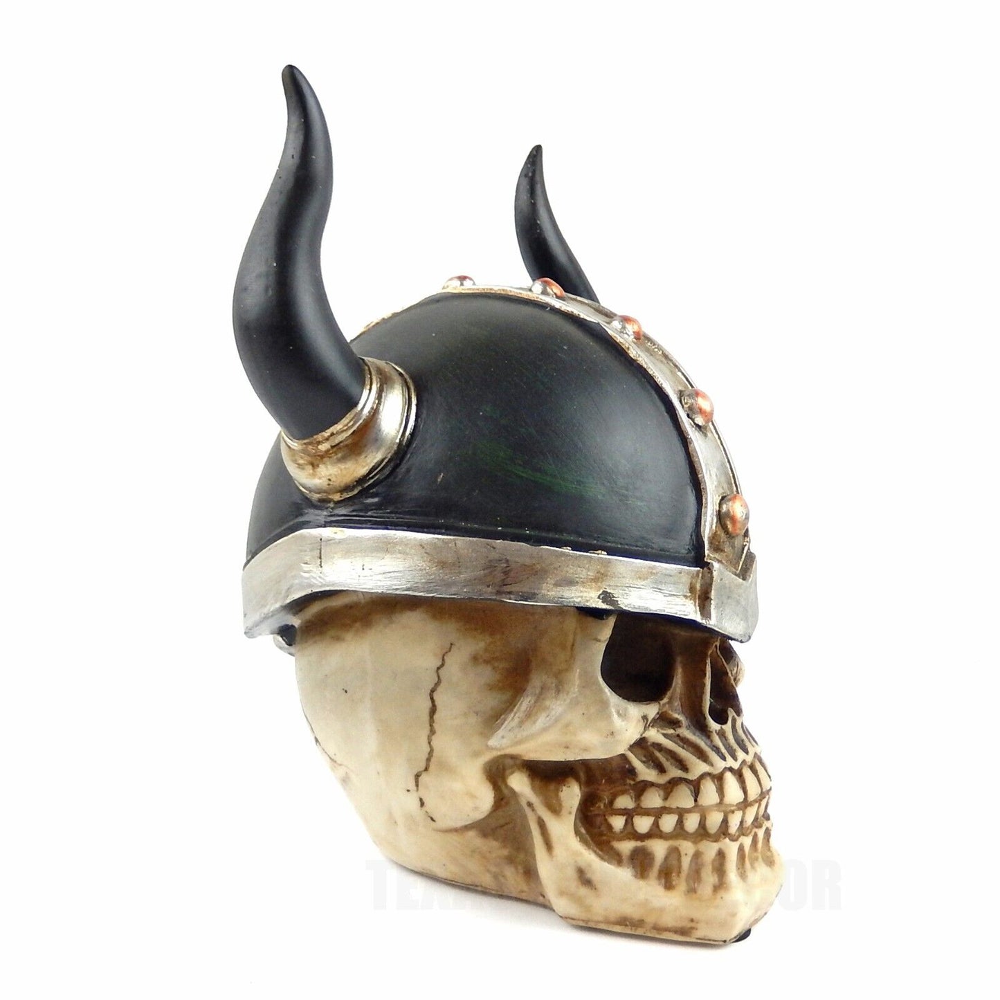 Viking Warrior Helmet Horns Human Skull Figurine Statue Skeleton Medieval Decor