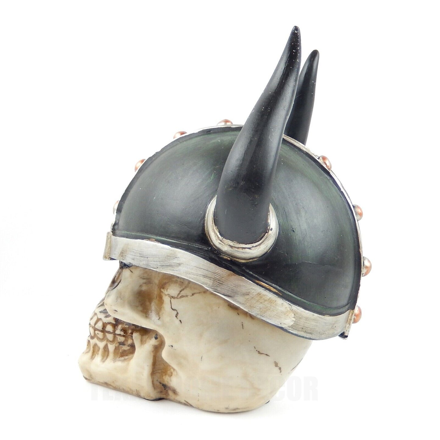 Viking Warrior Helmet Horns Human Skull Figurine Statue Skeleton Medieval Decor