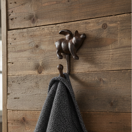 Flying Pig With Wings Wall Hook Cast Iron Key Towel Coat Hanger Rustic Brown (R)