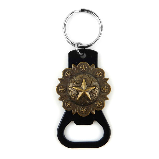 Metal Keychain Beer Bottle Opener Hand Held Bronze Star Floral Concho Split Ring
