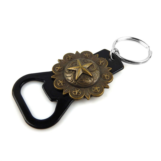 Metal Keychain Beer Bottle Opener Hand Held Bronze Star Floral Concho Split Ring