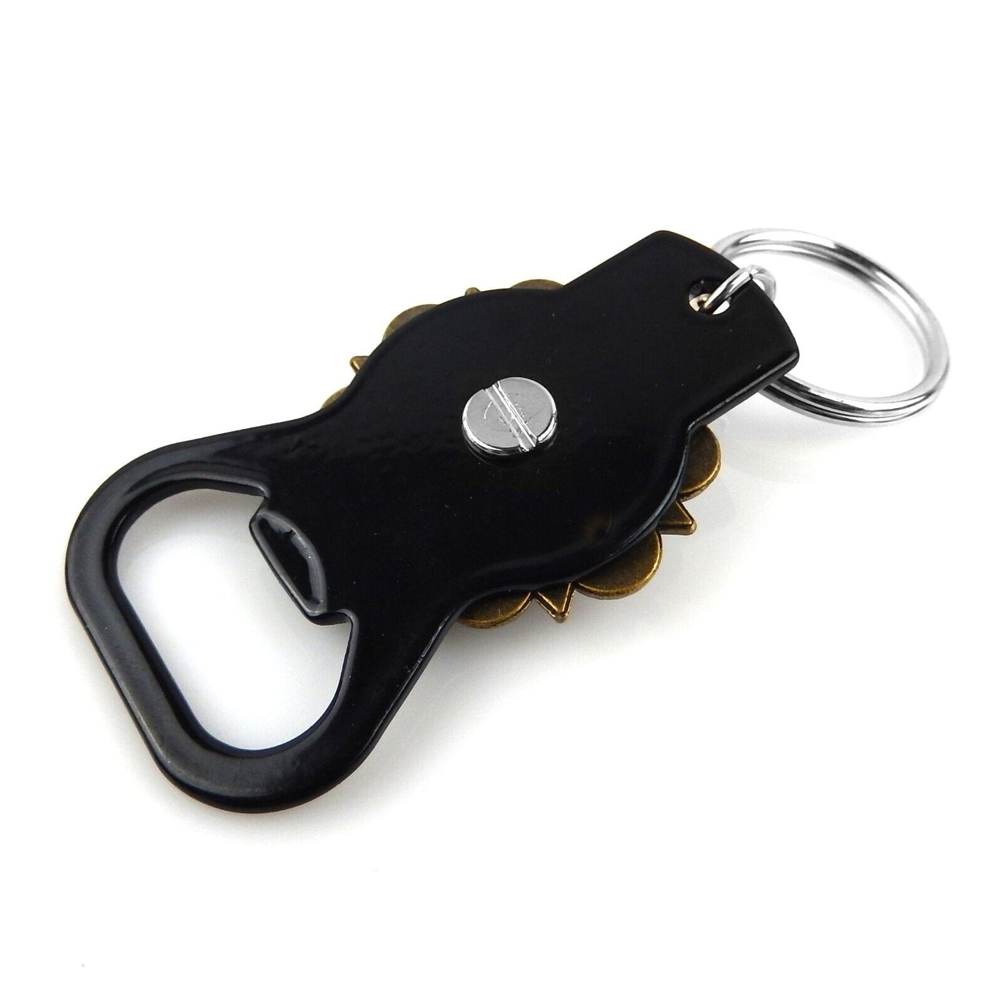 Metal Keychain Beer Bottle Opener Hand Held Bronze Star Floral Concho Split Ring