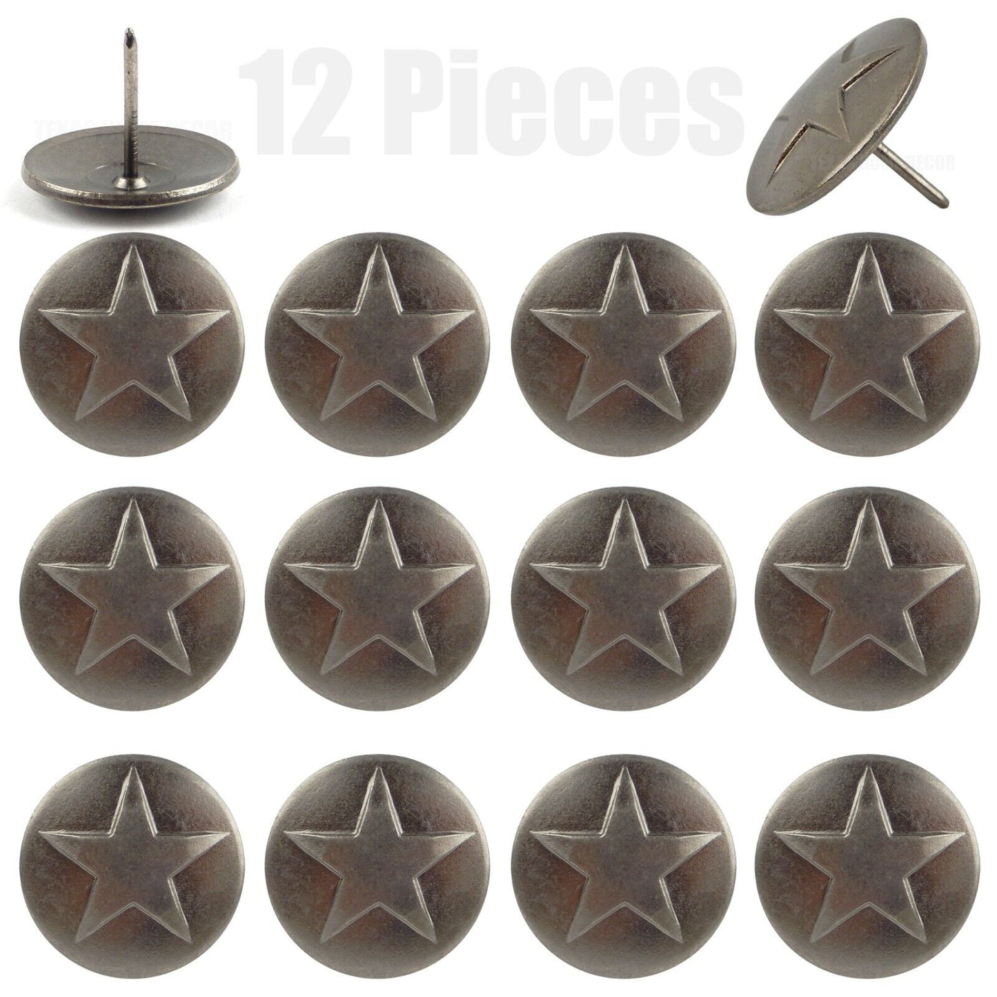 12 Round Star Leather Tacks Upholstery Framing Nails Antique Silver 1 1/8" Head