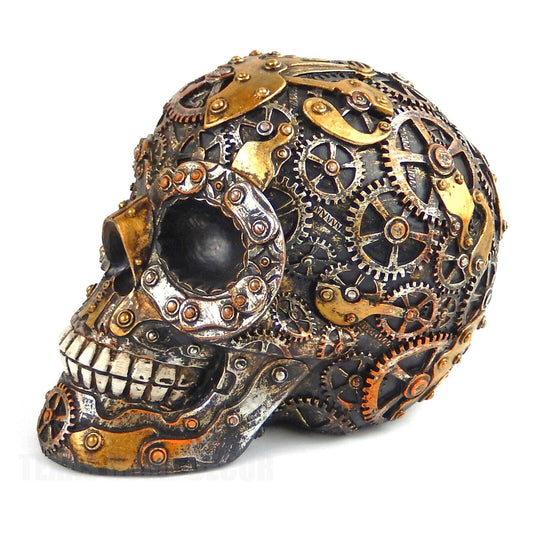 Steampunk Gearhead Human Skull Figurine Statue Cyborg Clockwork Skeleton Cranium