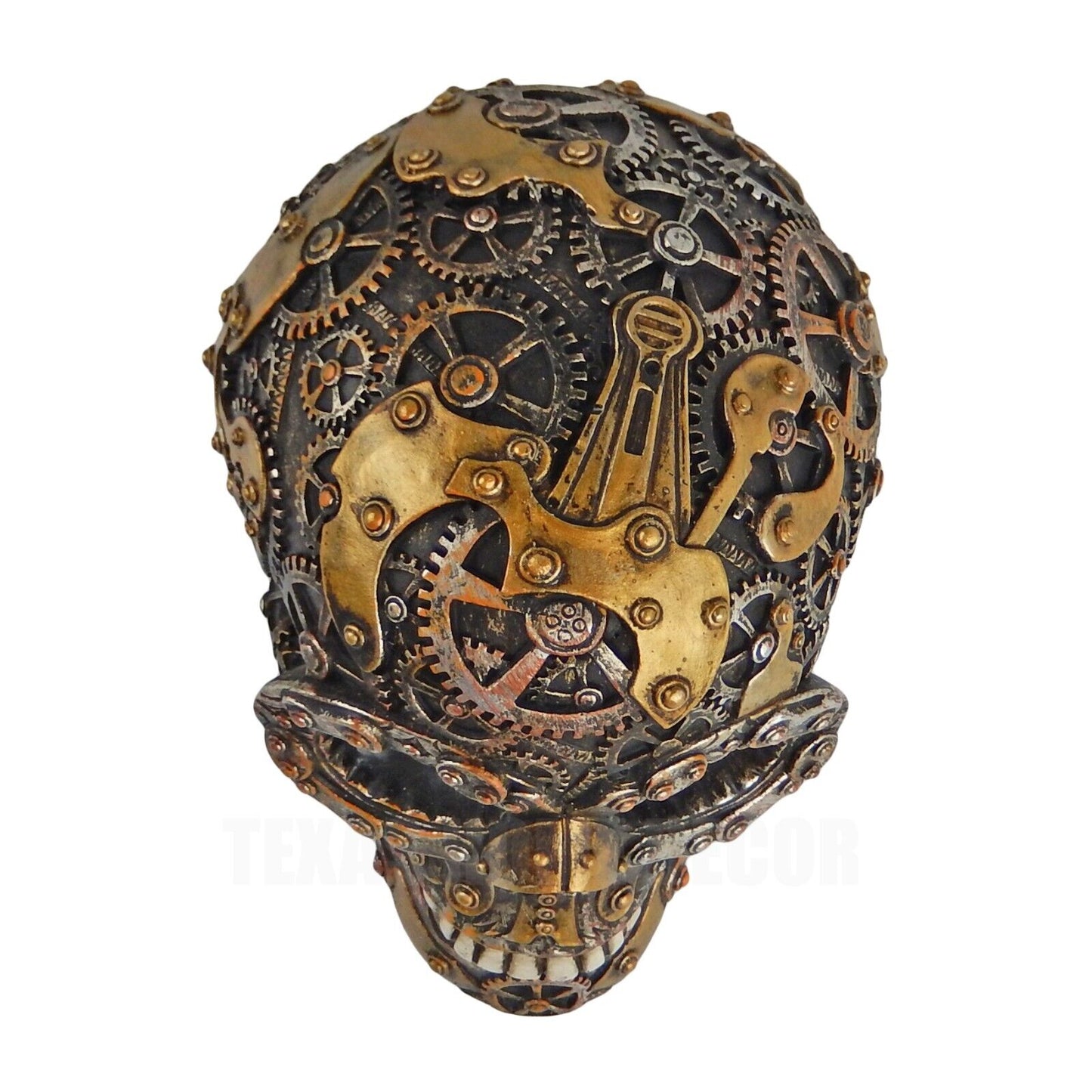 Steampunk Gearhead Human Skull Figurine Statue Cyborg Clockwork Skeleton Cranium