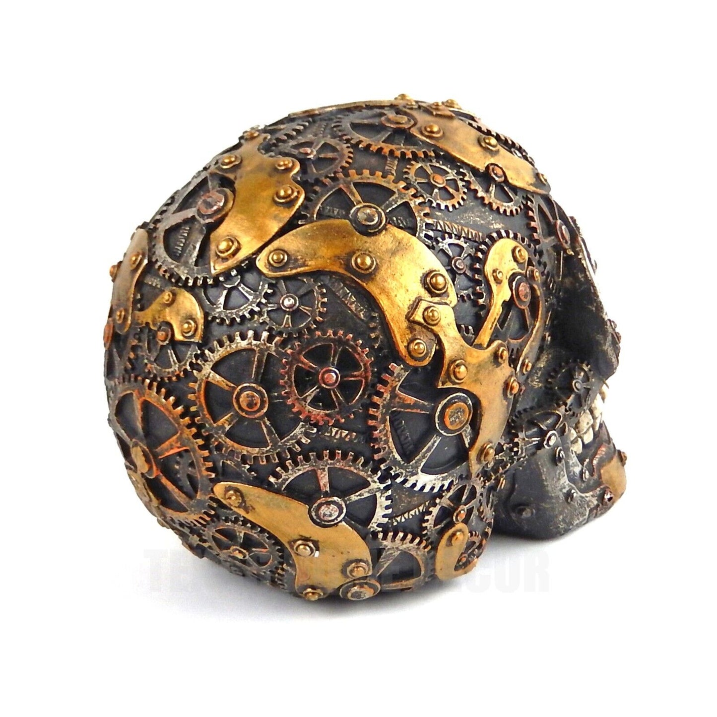 Steampunk Gearhead Human Skull Figurine Statue Cyborg Clockwork Skeleton Cranium