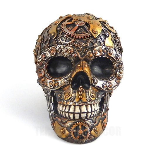 Steampunk Gearhead Human Skull Figurine Statue Cyborg Clockwork Skeleton Cranium