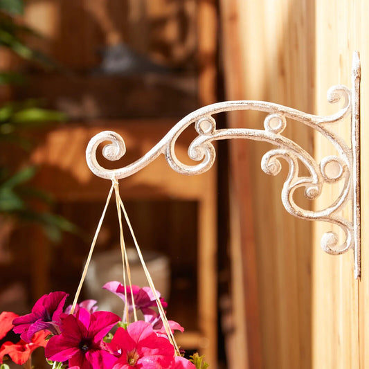 Set of 4 White Plant Hangers Basket Hook Cast Iron Distressed Rustic Scrolls