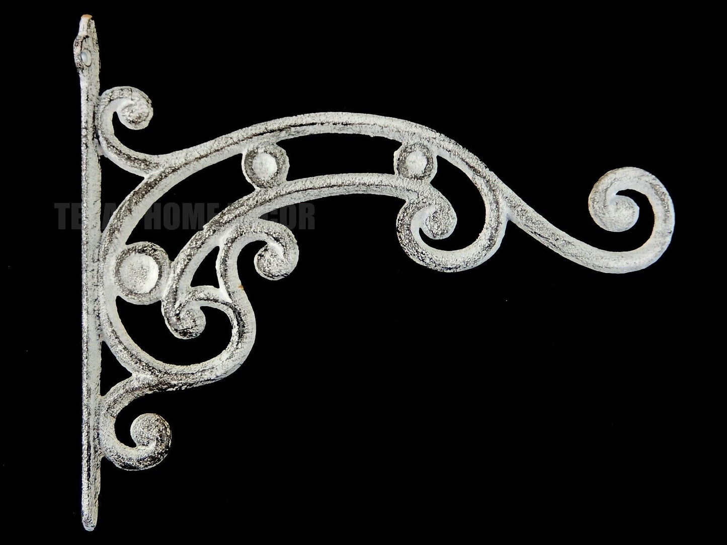 Set of 4 White Plant Hangers Basket Hook Cast Iron Distressed Rustic Scrolls