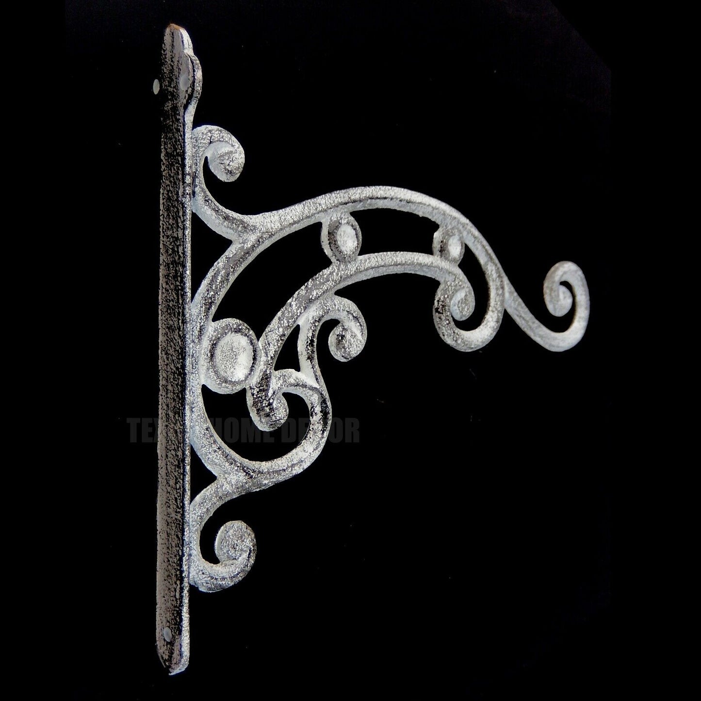 Set of 4 White Plant Hangers Basket Hook Cast Iron Distressed Rustic Scrolls